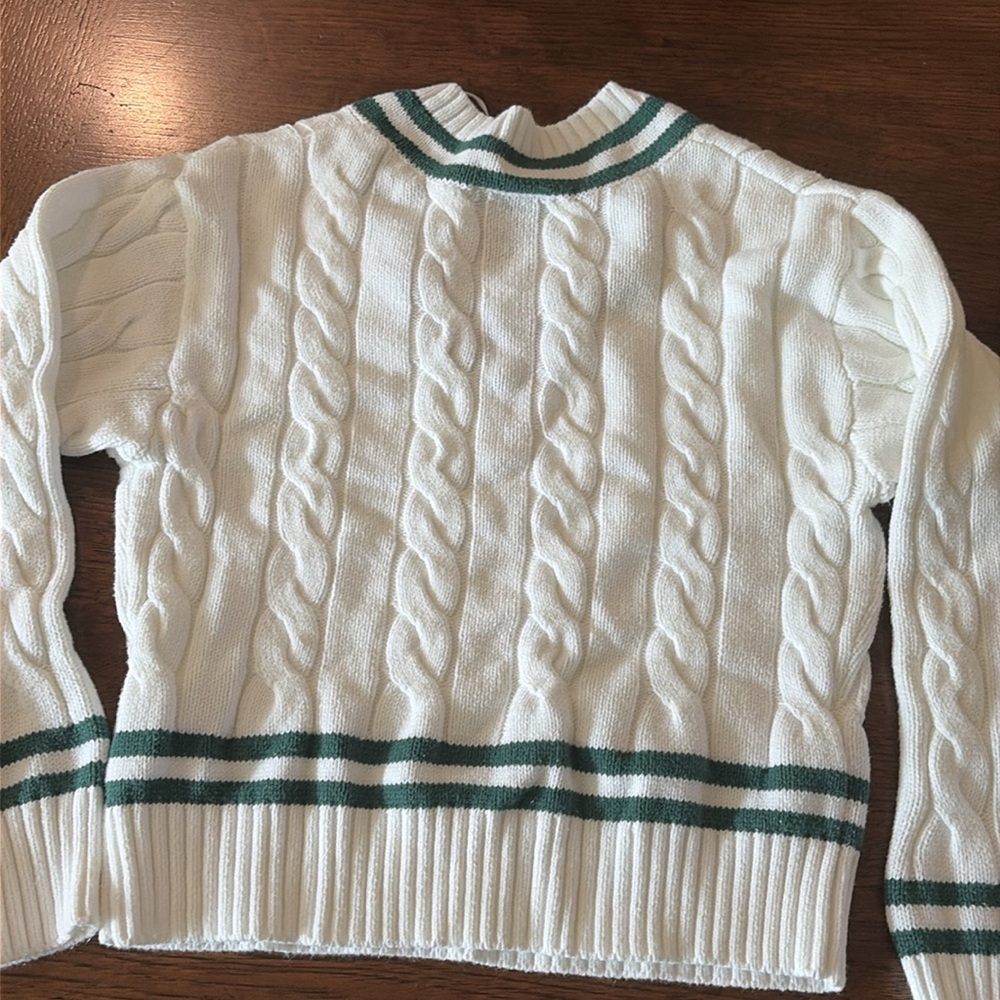 WALTER HAGEN EUC Women’s Golf/Tennis cotton v neck cable white &  green sweater - Picture 4 of 4